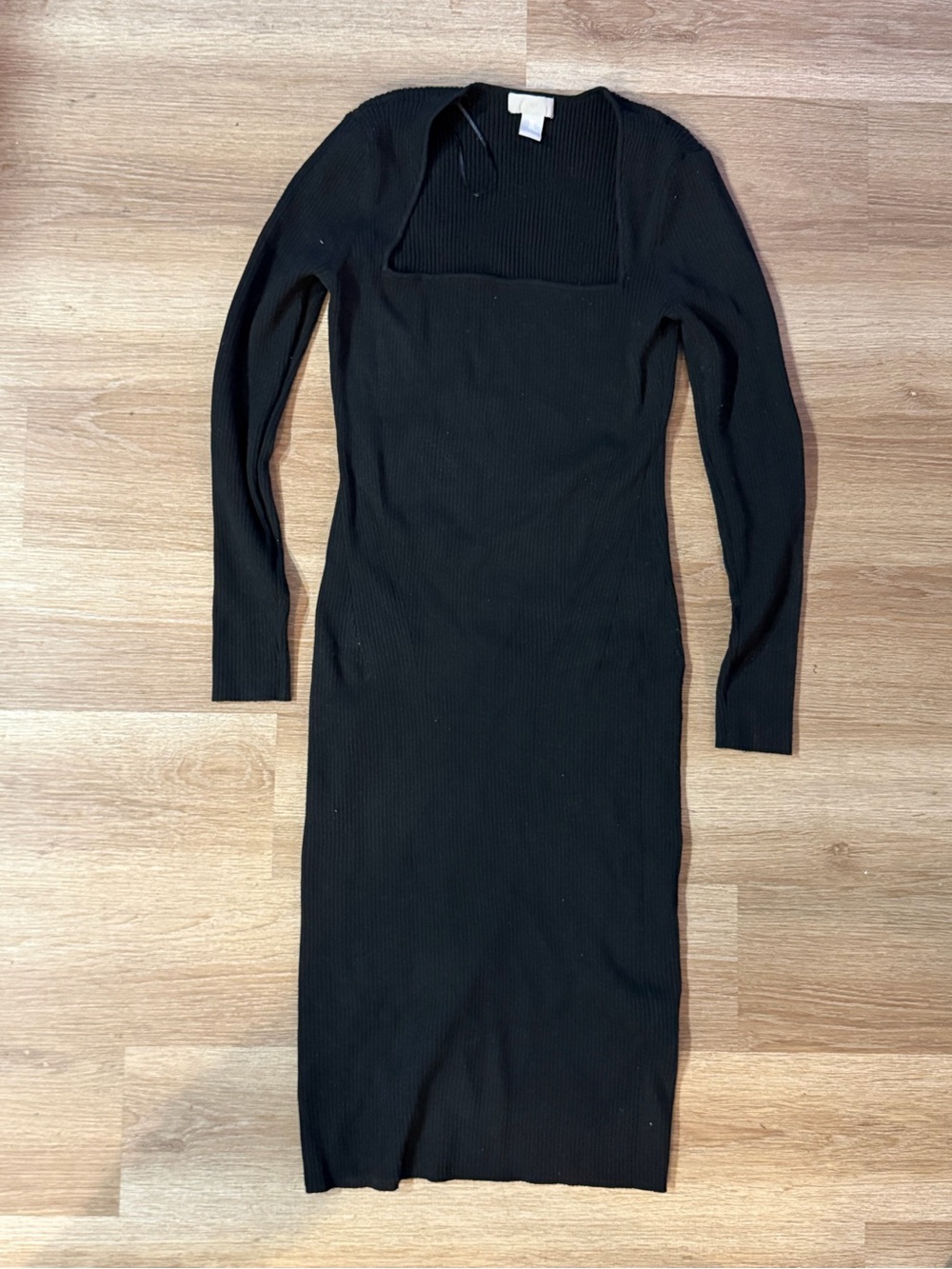 H&M Black Long-Sleeve Ribbed Square-Neck Midi Dress